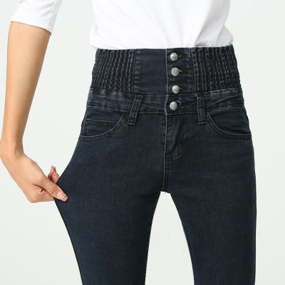 Pantaloni elastici jeans donna a vita alta, autunnali