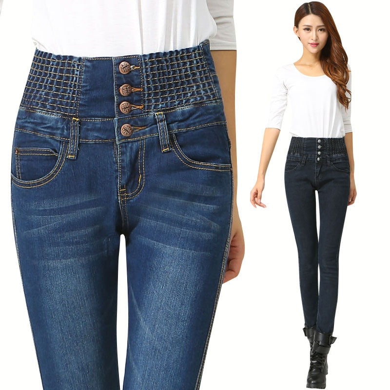 Pantaloni elastici jeans donna a vita alta, autunnali