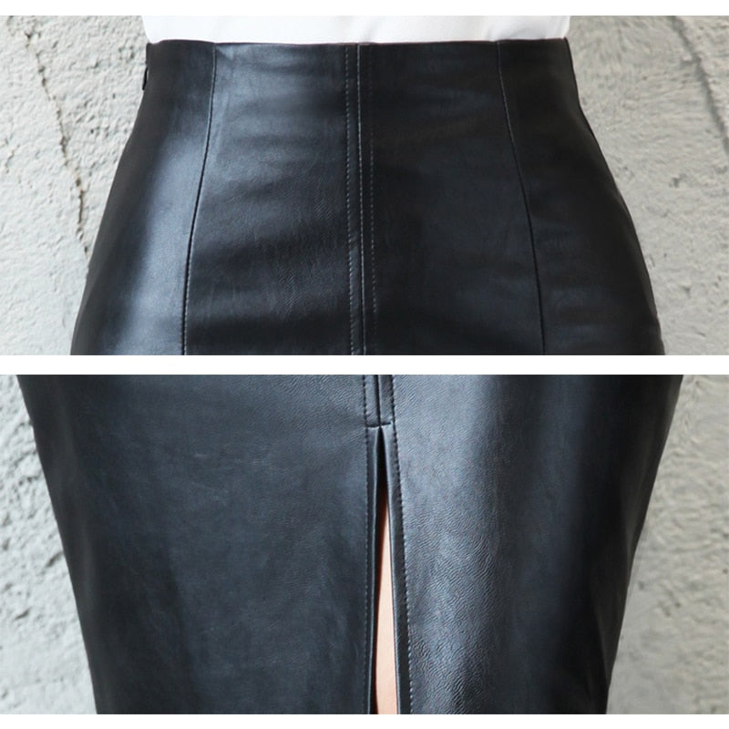 Black  Pelle PU Leather Skirt Women 2021New Midi Sist Bodycon - Loweconomy