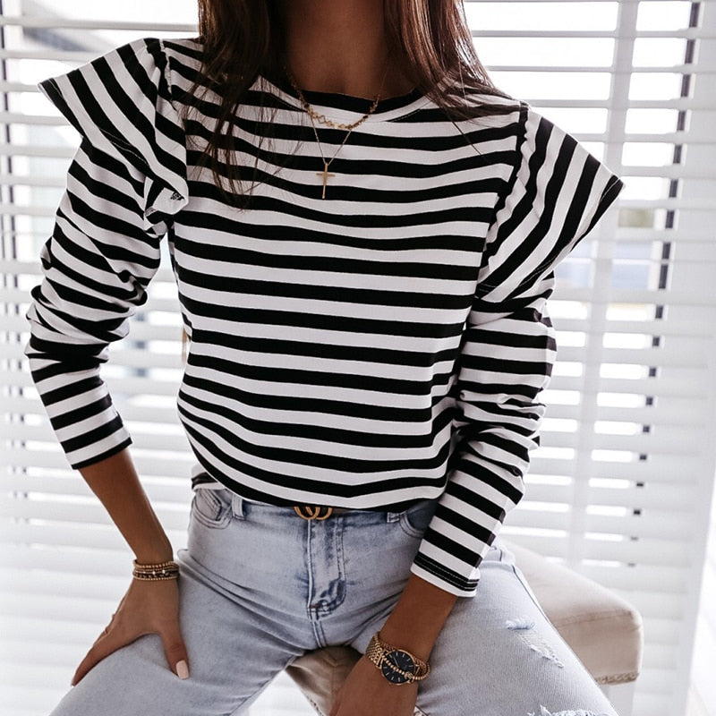 Women Blouse Shirt Striped Ruffle Long Sleeve - Loweconomy