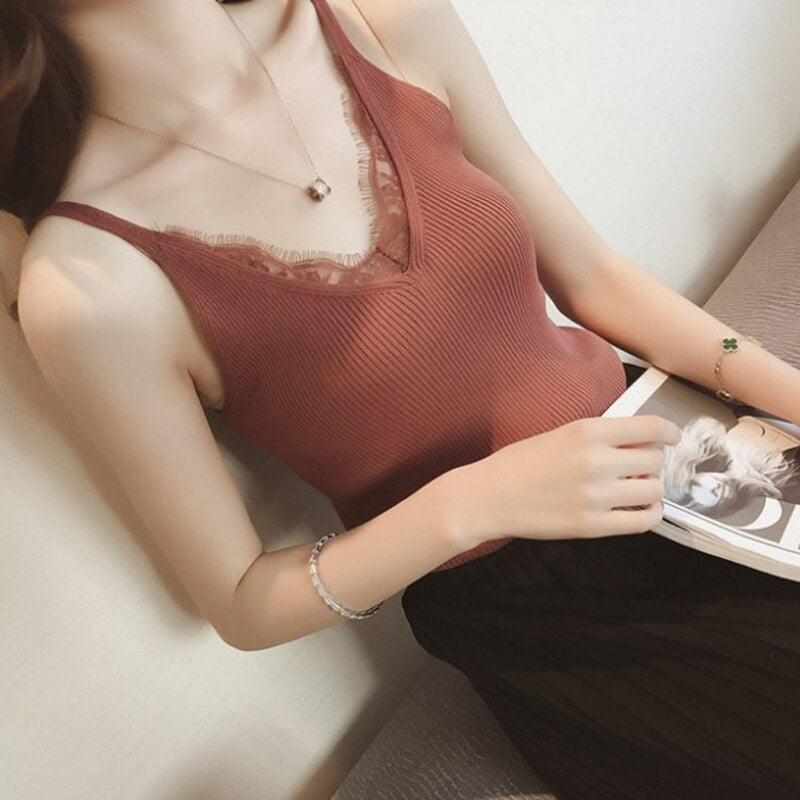 Women Hook Flower Lace Tank solid Stitching V-neck Camis Female - Loweconomy