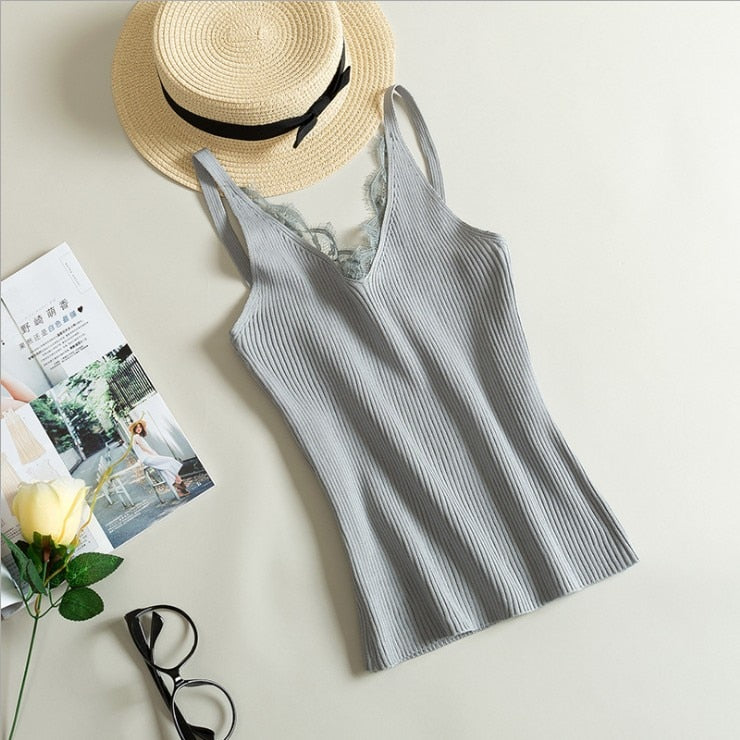 Women Hook Flower Lace Tank solid Stitching V-neck Camis Female - Loweconomy