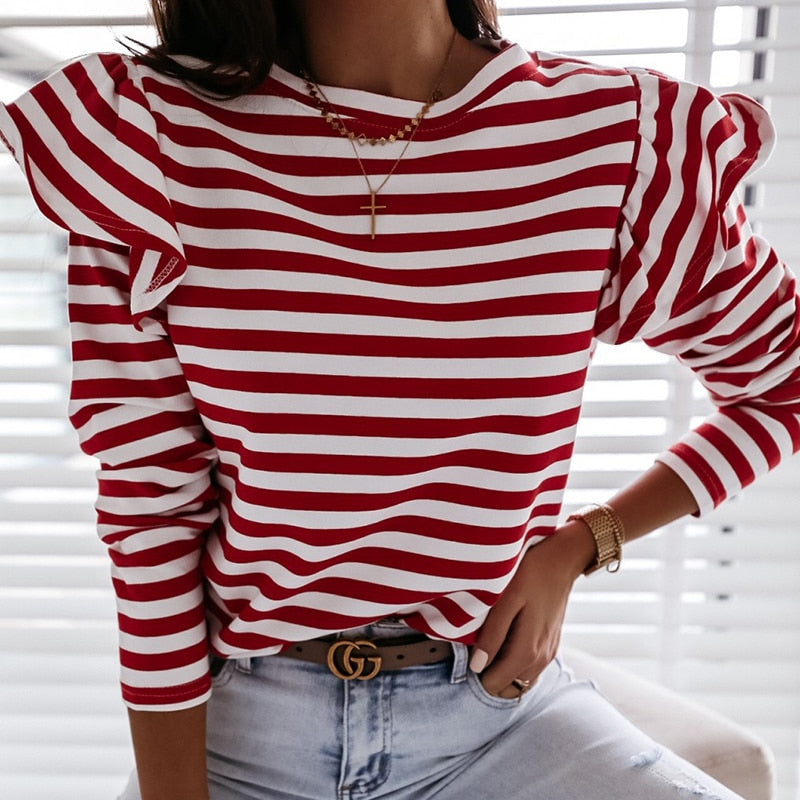 Women Blouse Shirt Striped Ruffle Long Sleeve - Loweconomy