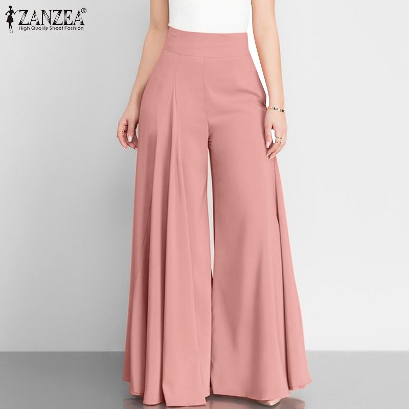 Women Elegant High Waist Wide Leg Pants Spring Vintage Flare Trousers Casual Solid Zipper Pantalon Female Palazzo - Loweconomy