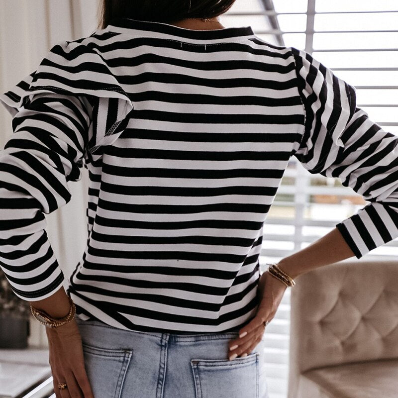 Women Blouse Shirt Striped Ruffle Long Sleeve - Loweconomy