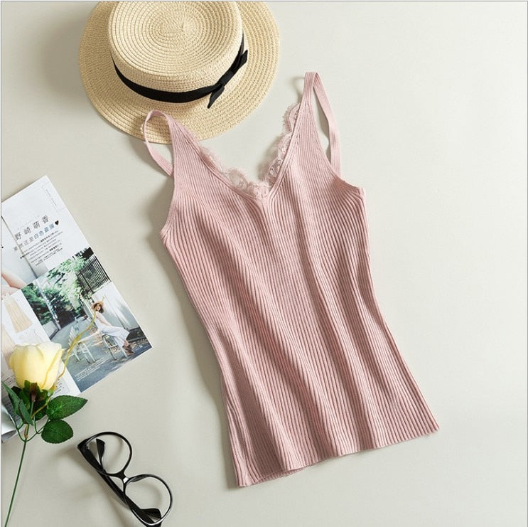 Women Hook Flower Lace Tank solid Stitching V-neck Camis Female - Loweconomy