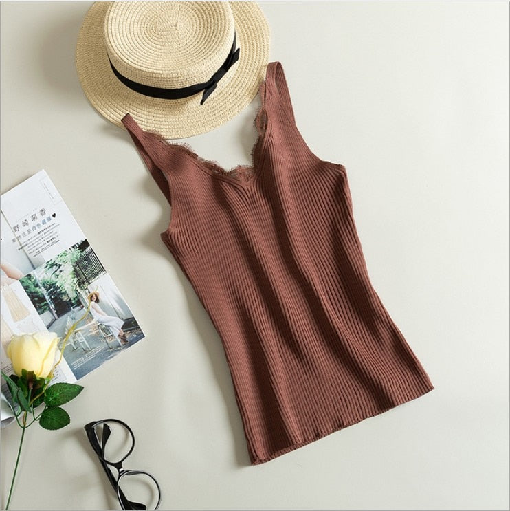 Women Hook Flower Lace Tank solid Stitching V-neck Camis Female - Loweconomy