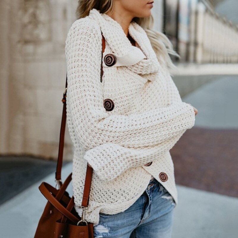 Maglioni lavorati a maglia a collo alto da donna Pullover a maniche lunghe  con bottoni - Loweconomy