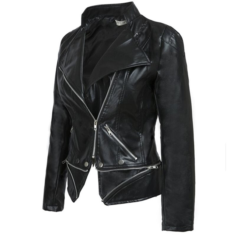 Giacca Women Winter Gothic Black Faux Leather Jackets Zipper - Loweconomy