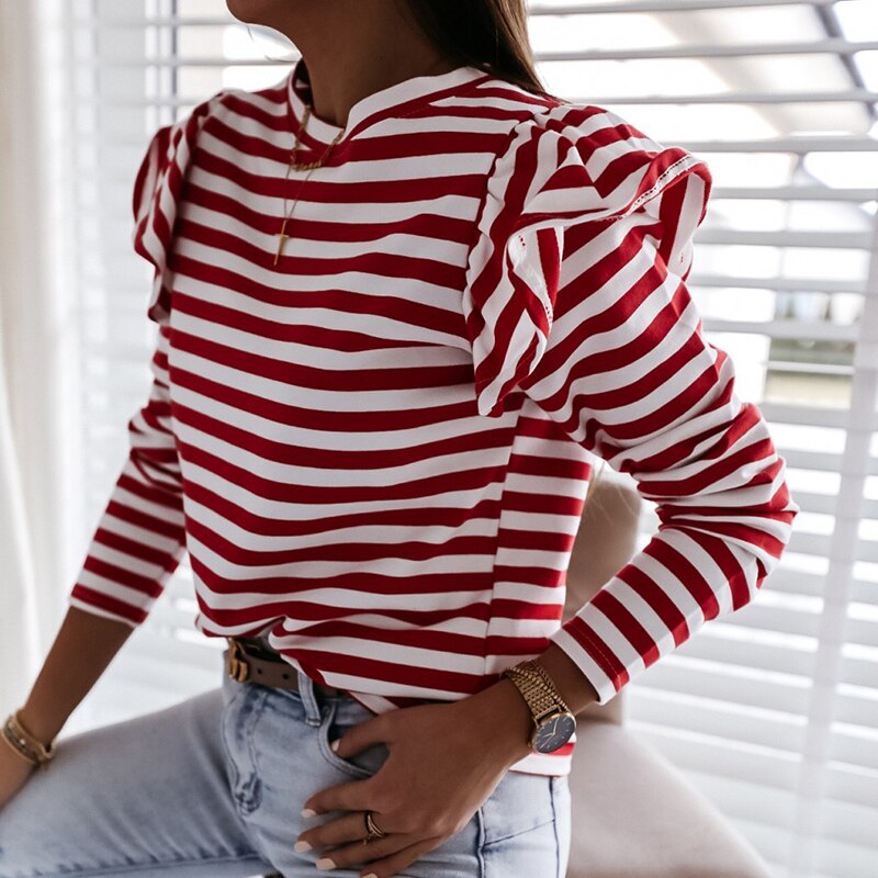 Women Blouse Shirt Striped Ruffle Long Sleeve - Loweconomy