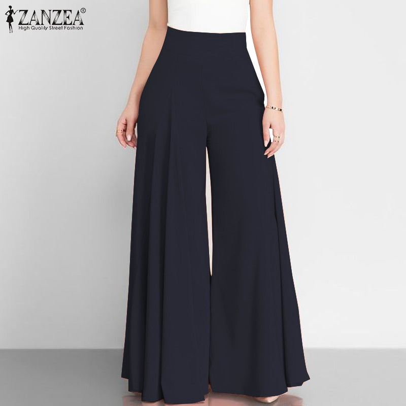 Women Elegant High Waist Wide Leg Pants Spring Vintage Flare Trousers Casual Solid Zipper Pantalon Female Palazzo - Loweconomy