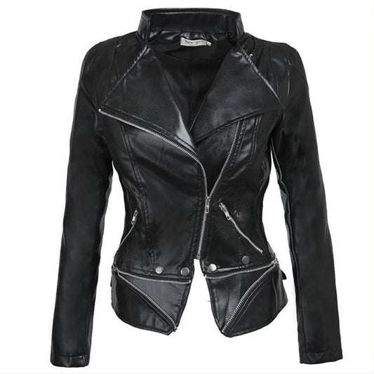 Giacca Women Winter Gothic Black Faux Leather Jackets Zipper - Loweconomy