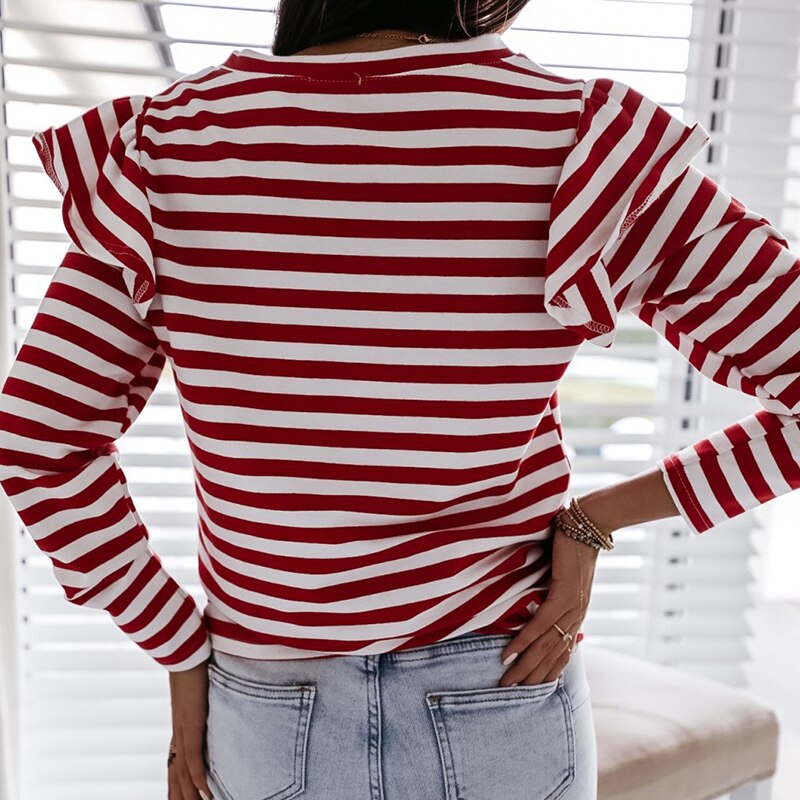 Women Blouse Shirt Striped Ruffle Long Sleeve - Loweconomy