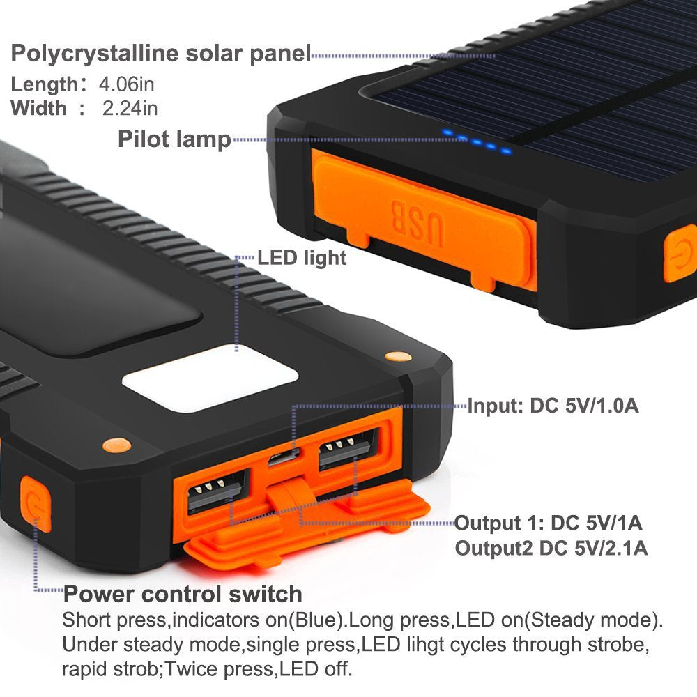 Power Bank Solare con due uscite usb, power bank 20.000 mAh caricatore esterno