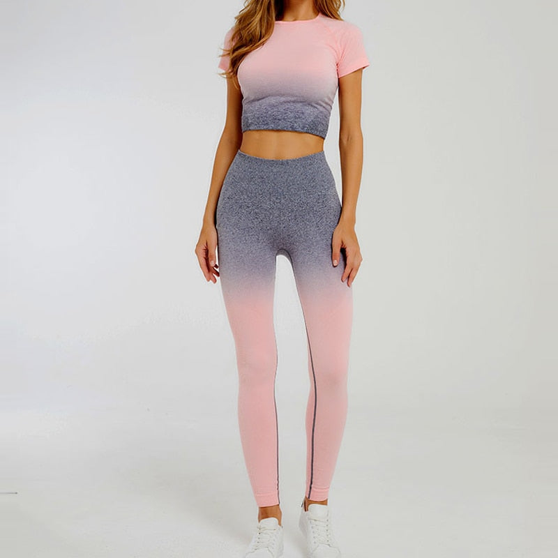 Tuta sportiva da donna a manica corta sfumata Abbigliamento da palestra senza cuciture Donna Palestra Yoga Set Leggings fitness - Loweconomy