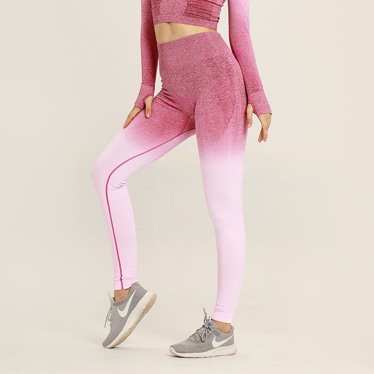 Tuta sportiva da donna a manica corta sfumata Abbigliamento da palestra senza cuciture Donna Palestra Yoga Set Leggings fitness - Loweconomy