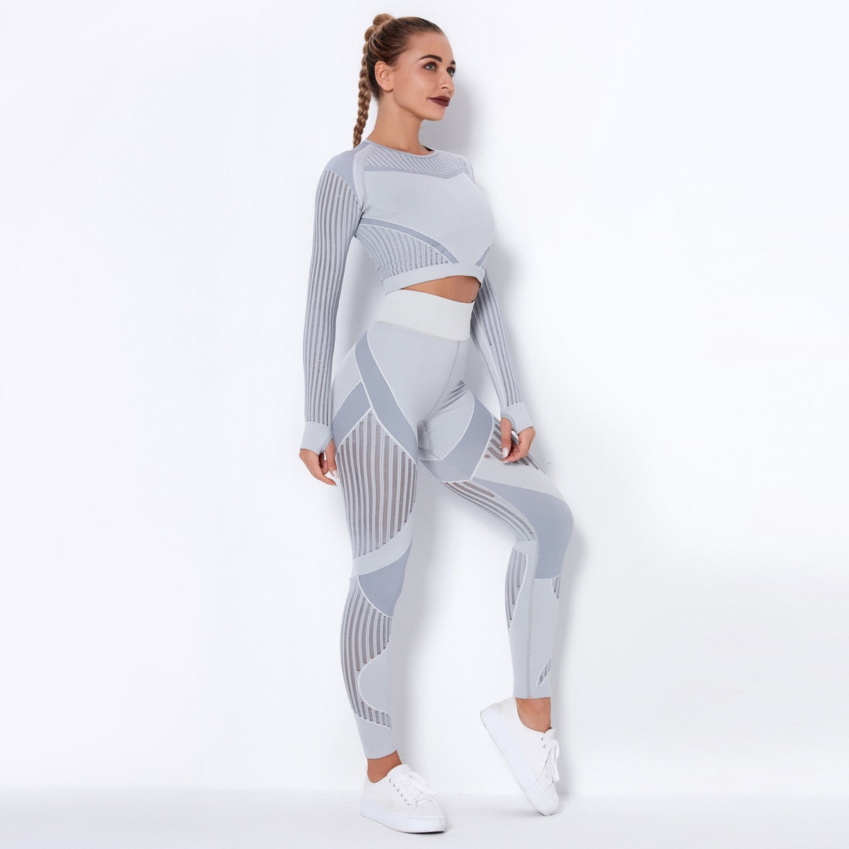 tuta sportiva Gym Sets High Waist Gym Mesh Leggings Shirts Suit Long Sleeve Fitness - Loweconomy