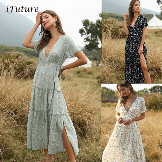 2020 Summer Beach Holiday Dress Women Casual Floral Print Elegant - Loweconomy