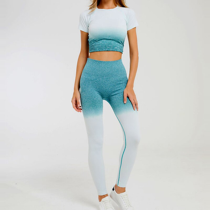 Tuta sportiva da donna a manica corta sfumata Abbigliamento da palestra senza cuciture Donna Palestra Yoga Set Leggings fitness - Loweconomy