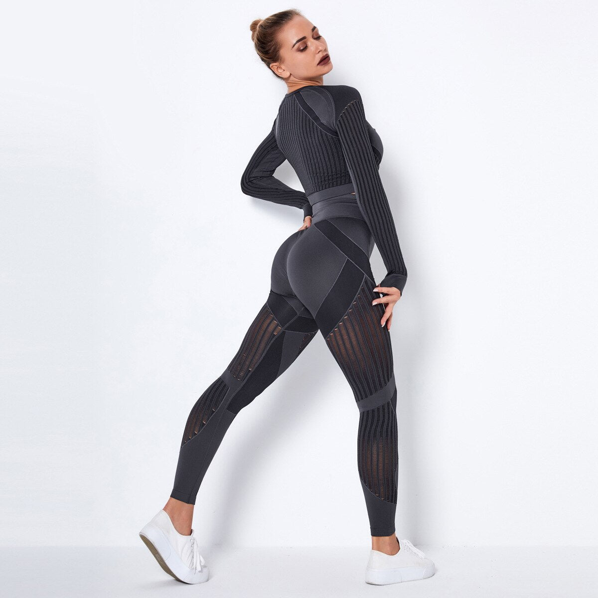 tuta sportiva Gym Sets High Waist Gym Mesh Leggings Shirts Suit Long Sleeve Fitness - Loweconomy